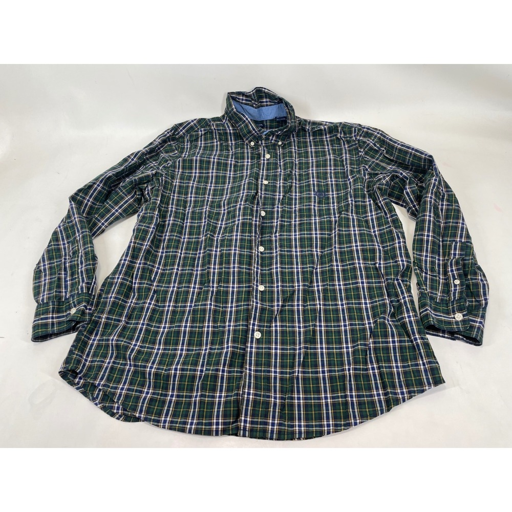 Chaps Mens XL Green Blue Plaid Easy Care Button Down Shirt Long Sleeve Logo